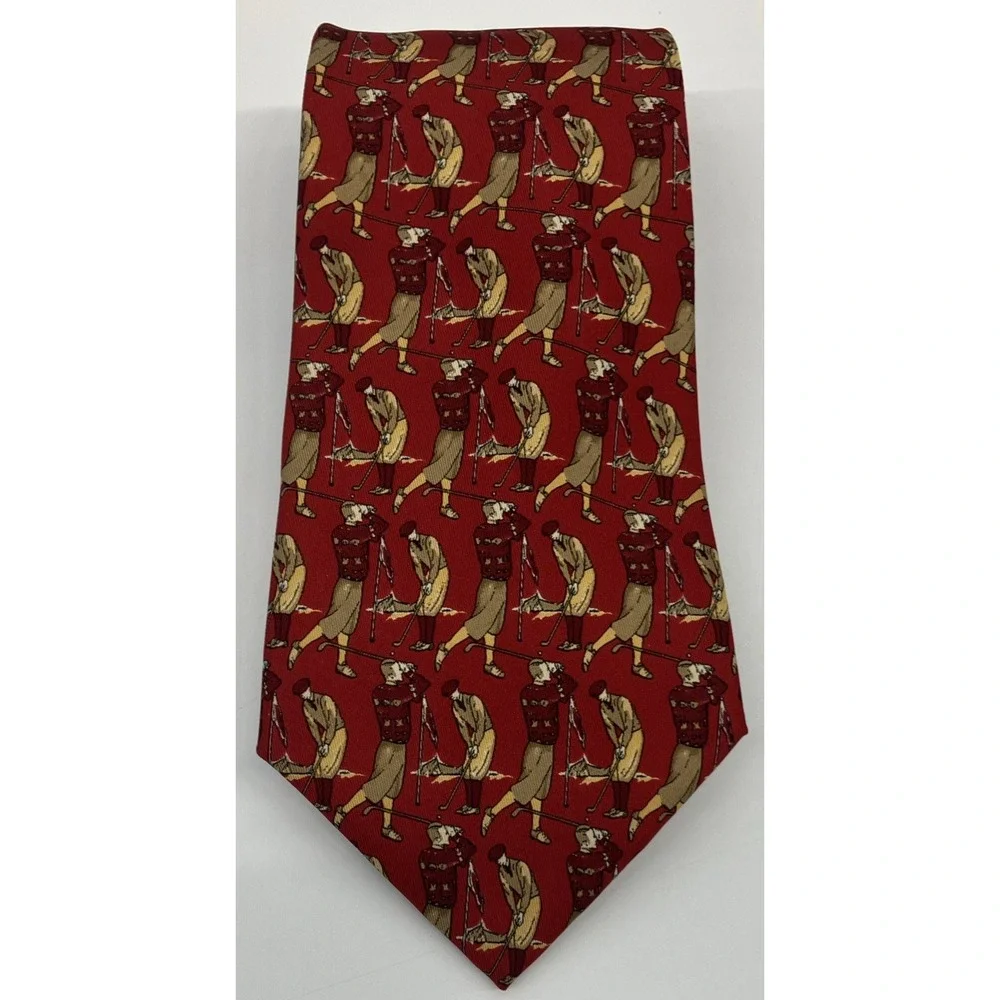 Salvatore Ferragamo Golf Neck Tie Mens‎ Red Golfer Print 100% Silk Made in Italy